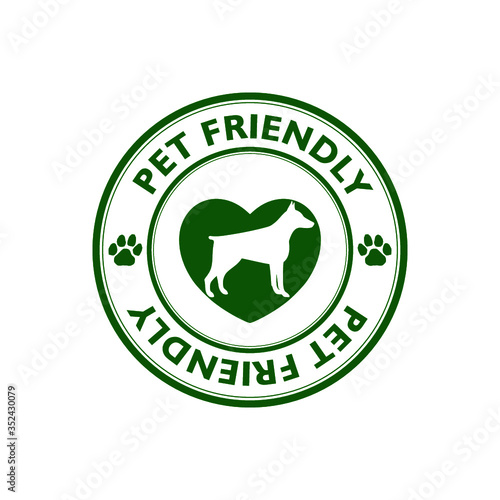 Pet paw or dog label, stamp or sticker with pet friendly text isolated on white background