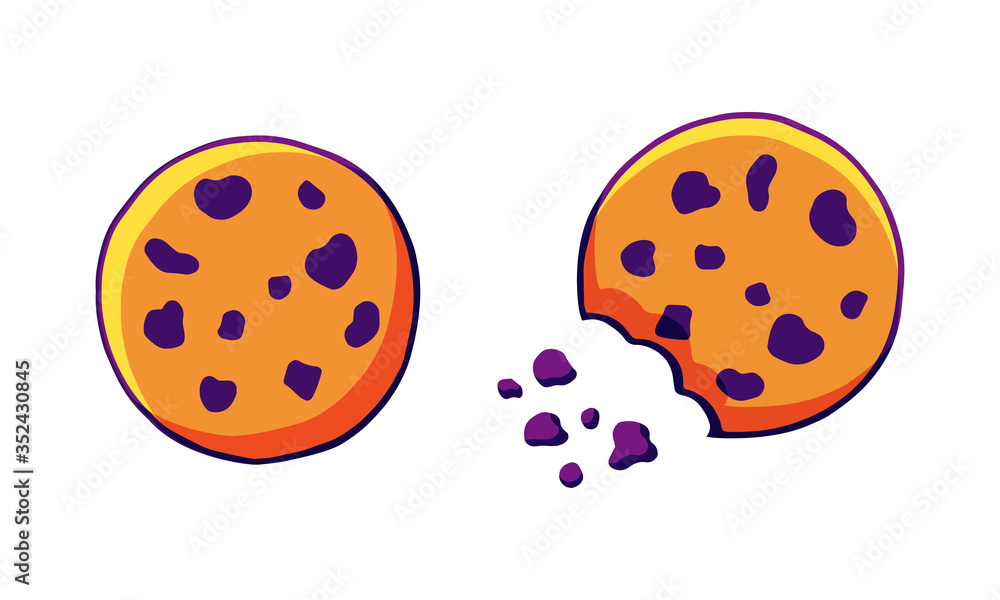 Vector chocolate chip crunchy cookies isolated on a white background. Cartoon cookie icons or logo for bakery, pastry or cake shop, confectionery, cafe, bakery house. Vector chocolate chip crunchy cookies isolated on a white background. Cartoon cookie icons or logo for bakery, pastry or cake shop, confectionery, cafe, bakery house.