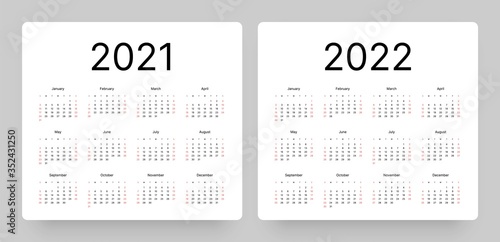 Calendar for 2021 and 2022 year in clean minimal style. Week Starts on Sunday.