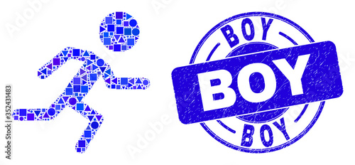 Geometric running boy mosaic pictogram and Boy seal stamp. Blue vector rounded grunge seal stamp with Boy phrase. Abstract composition of running boy designed of circle, triangles,