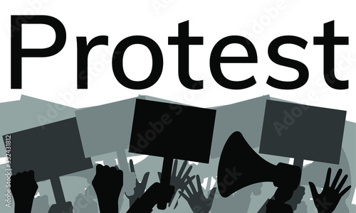 Protest. A crowd of people with banners, a megaphone, dissatisfied during the riot, show their fists, isolated on a white background. Vector stock illustration 