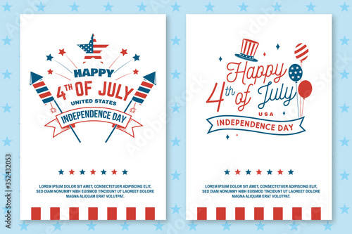 Set of Vintage 4th of july poster, flyer, template, card, fourth of July felicitation classic postcard. Independence day greeting card. Patriotic banner for website template. Vector illustration.