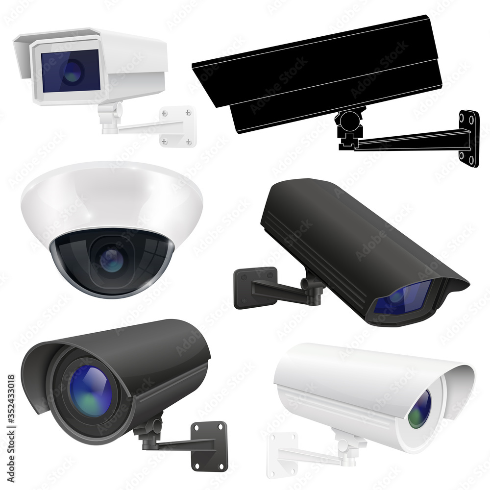 CCTV security camera set. Surveillance devices. 3d and outline drawings CCTV security camera set. Surveillance devices. 3d and outline drawings