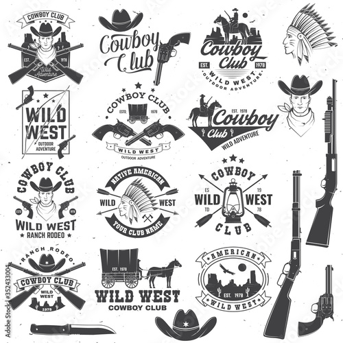 Cowboy club badge. Ranch rodeo. Vector. Concept for shirt, logo, print, stamp, tee with cowboy and shotgun. Vintage typography design with wild west and western rifle silhouette.