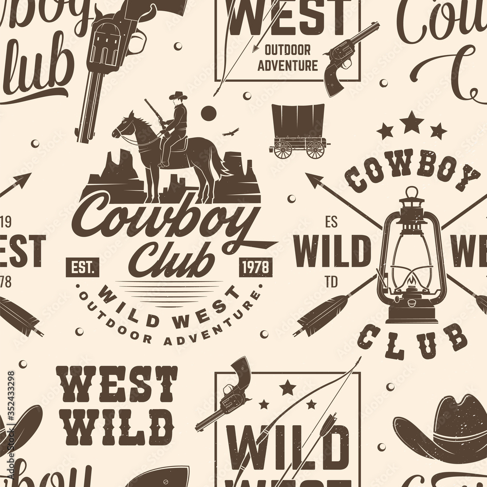 Obraz premium Cowboy club seamless pattern, background. Vector. Seamless pattern design with wild west cowboy, canyon and western rifle silhouette. Cowboy club texture