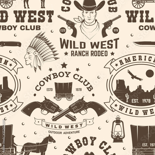 Cowboy club seamless pattern, background. Vector. Seamless pattern design with wild west cowboy, canyon and western rifle silhouette. Cowboy club texture