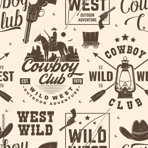 Cowboy club seamless pattern, background. Vector. Seamless pattern design with wild west cowboy, canyon and western rifle silhouette. Cowboy club texture
