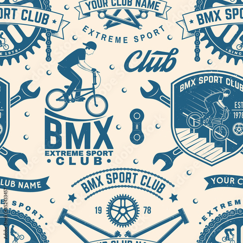 Set of bmx extreme sport club seamless pattern, background. Vector. Seamless pattern design with bmx cyclist, bmx sprocket and chain silhouette.