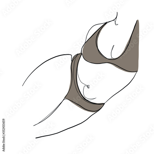 Beautiful plus size woman body drawn in one continuous line. Woman in underwear or swimsuit. Design in minimalist style for swimsuit or underwear store, beauty salon, cosmetology, spa treatments.