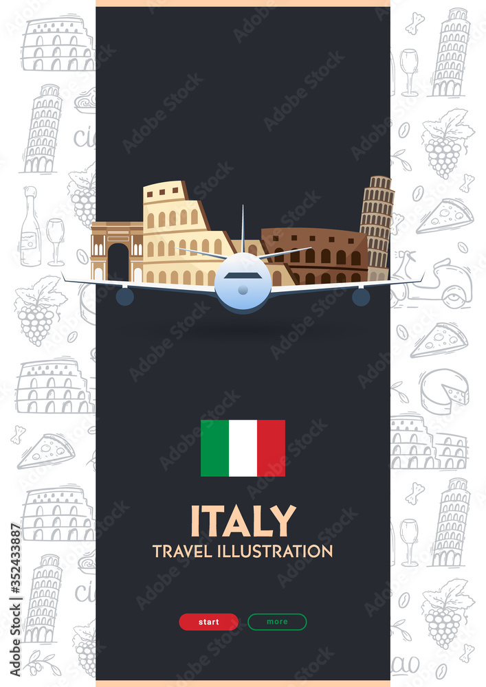 Travel to Italy banner. Doodle hand drawn background. Vector illustration.