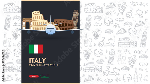 Travel to Italy banner. Doodle hand drawn background. Vector illustration.