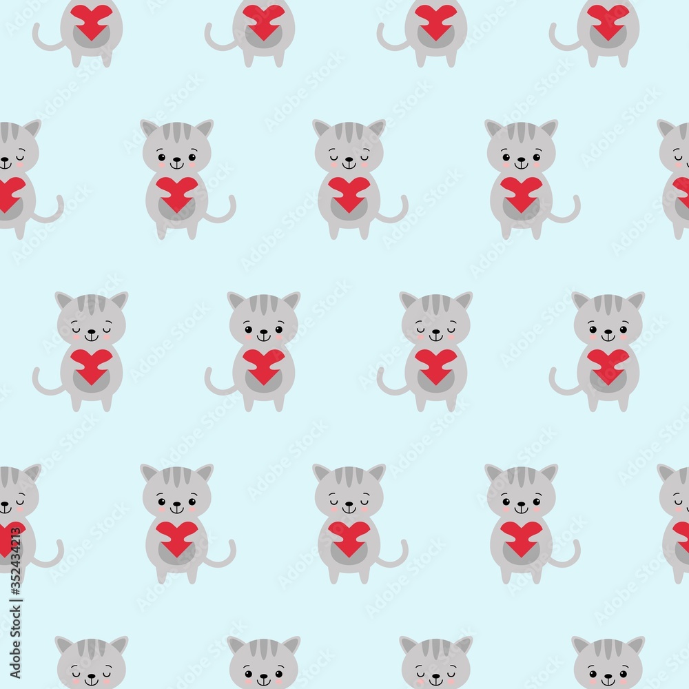 Seamless pattern with cute funny kawaii cartoon gray cats characters with hearts. Vector seamless texture for wallpapers, pattern fills, web page backgrounds