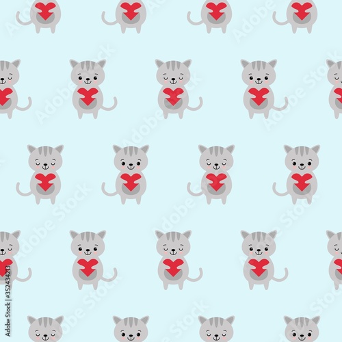 Seamless pattern with cute funny kawaii cartoon gray cats characters with hearts. Vector seamless texture for wallpapers  pattern fills  web page backgrounds