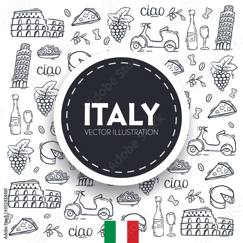 Cartoon cute hand drawn Italian travel background. Vector illustration.