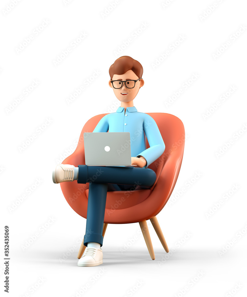 custom made wallpaper toronto digital3D illustration of smiling happy man with laptop sitting in armchair. Cartoon businessman working in office and using social networks, isolated on white background.