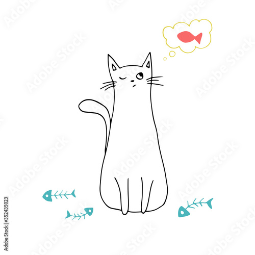 Hand drawn illustration of a cat dreaming of fish. Vector isolated on white background.