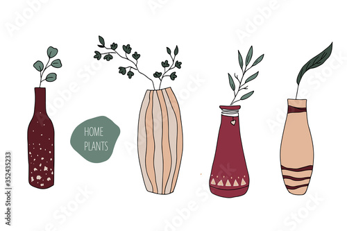 Hand drawn illustration of cute vases with flowers and branches. Vector isolated on white background.