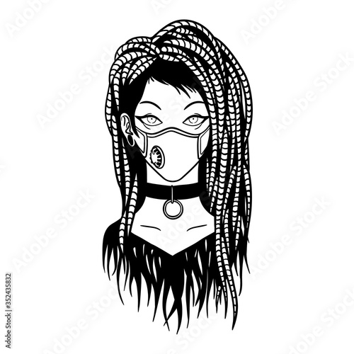 Stylish young girl with dreadlocks wearing medical mask. Virus protection. Filter. Monochrome vector illustration of cyber gothic girl in hand-drawn style isolated on white background. Pandemic.