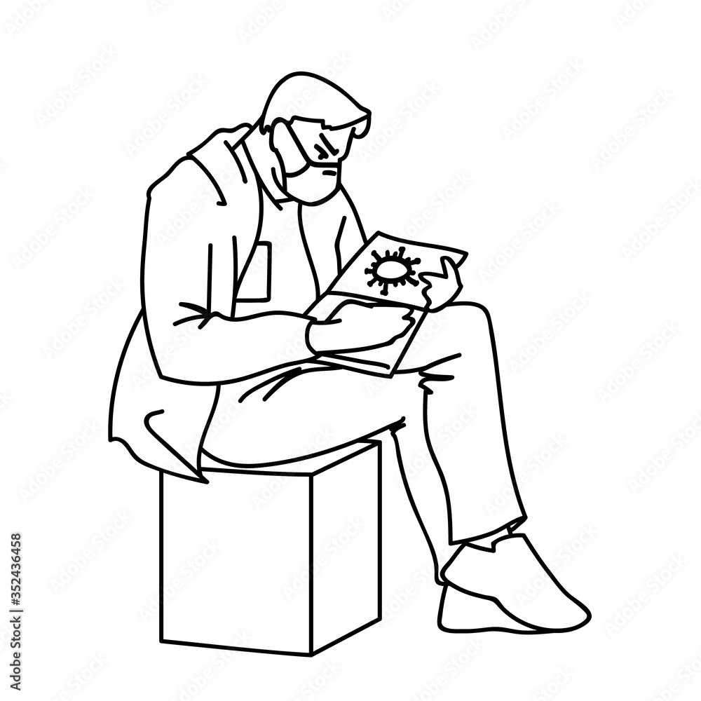 Adult man in medical mask is sitting with textbooks, looking for information about viruses. Vector illustration of a doctor in linear style isolated on white background. Pandemic, epidemic concept. Adult man in medical mask is sitting with textbooks, looking for information about viruses. Vector illustration of a doctor in linear style isolated on white background. Pandemic, epidemic concept.