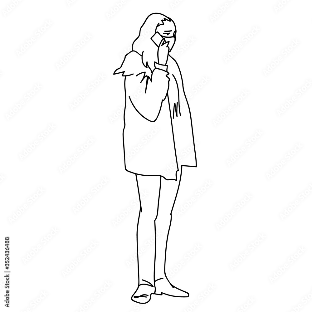 Young woman in medical mask calls relatives on phone while coronavirus pandemic. Vector illustration of sad girl in hand-drawn linear style isolated on white background. Feeling worry about family. Young woman in medical mask calls relatives on phone while coronavirus pandemic. Vector illustration of sad girl in hand-drawn linear style isolated on white background. Feeling worry about family.
