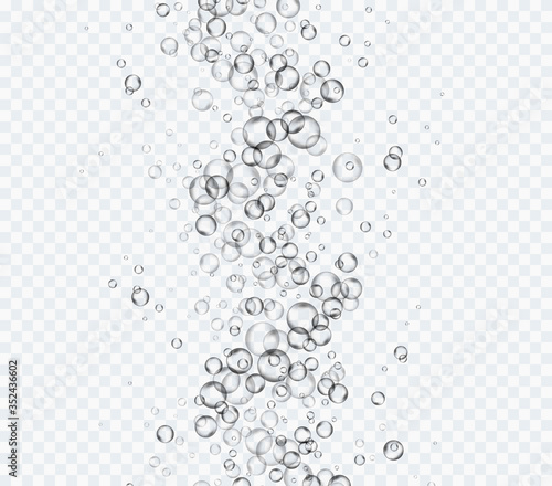Bubbles underwater spiral texture isolated on transparent background. Vector pure gas, air or oxygen balls under water. Realistic soda effect elements