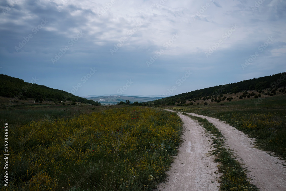 Dirt road among the spring field. Before the storm
