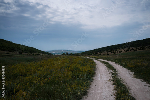 Dirt road among the spring field. Before the storm