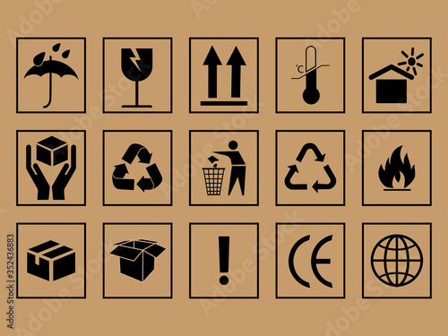 Fragile or Package Label stickers set. Fragile box, cargo warning vector signs, handle with care logistics and delivery labels. Vector illustration