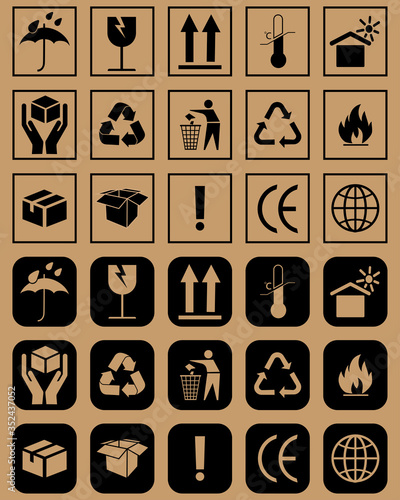 Fragile or Package Label stickers set. Fragile box, cargo warning vector signs, handle with care logistics and delivery labels. Vector illustration