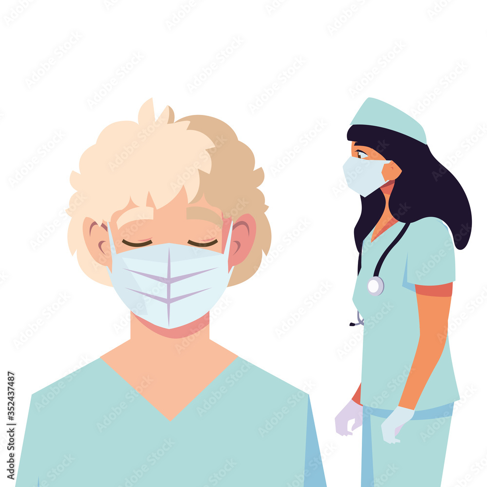 Obraz premium Man and woman doctor with uniforms and masks vector design