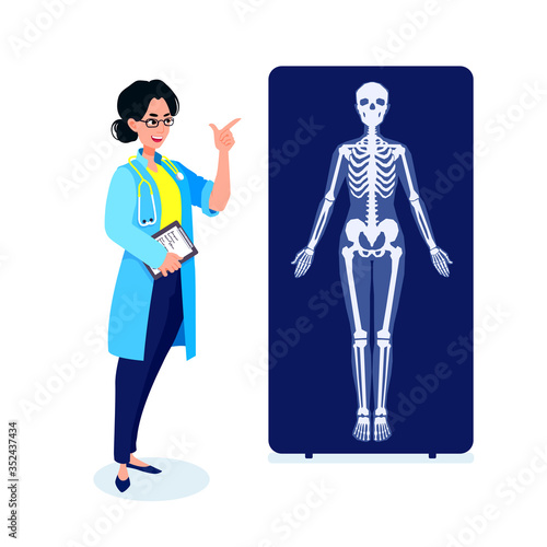 A woman doctor points her index finger at the x-ray image poster of the human body skeleton. A happy radiologist showing roentgen. A vector flat style cartoon illustration.