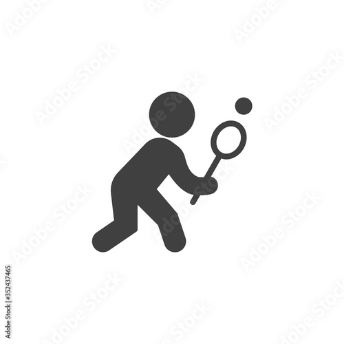 Tennis player with racket vector icon. filled flat sign for mobile concept and web design. Man playing tennis glyph icon. Symbol, logo illustration. Vector graphics