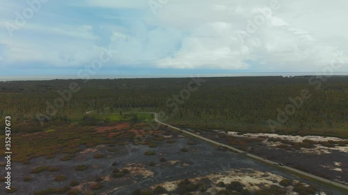 Aerial of coconut estates and wetlands through which an access road passes only to be greeted with a lagoon which has dried up leaving caked mud in its wake photo