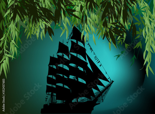 ship silhouette between green bamboo leaves