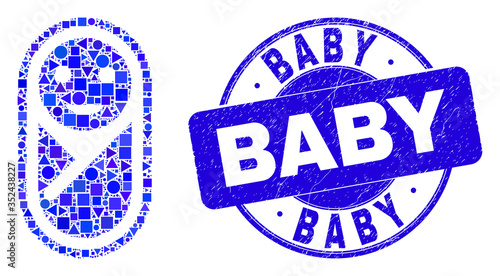 Geometric new born mosaic pictogram and Baby watermark. Blue vector round textured watermark with Baby caption. Abstract mosaic of new born created of round, tringle, square geometric spots.