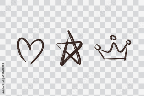 black ink hand drawn star, love and crown sketchy doodle with transparent background vector illustration