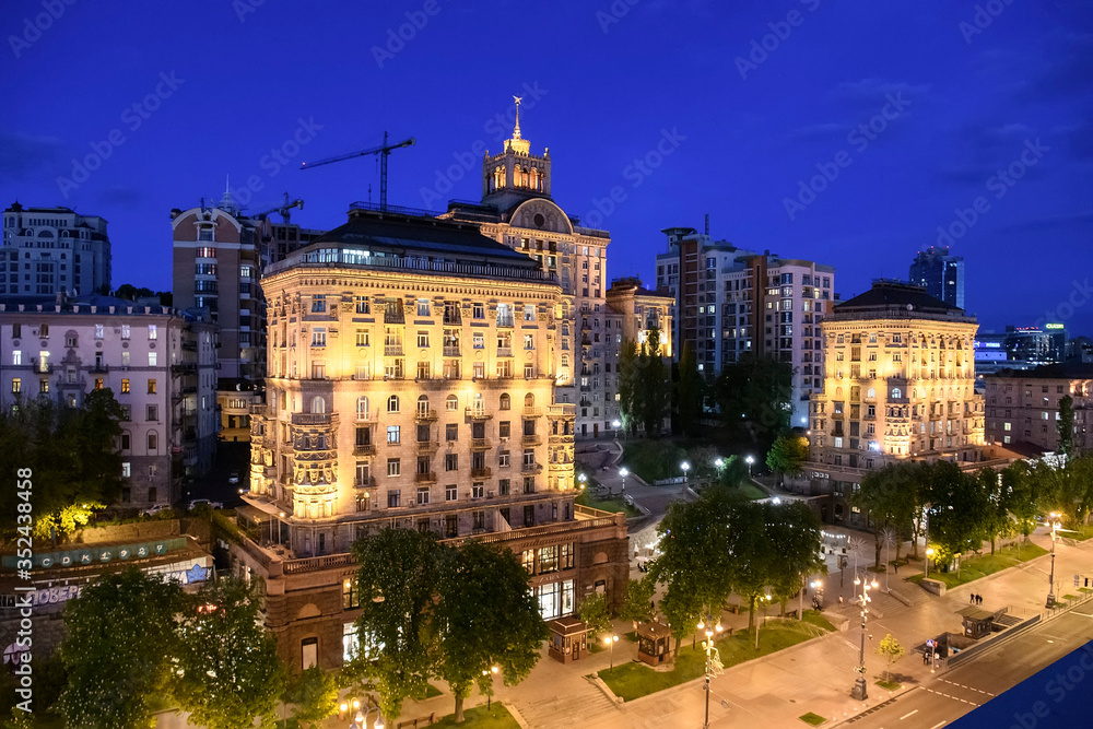 Evening view of illuminated Khreshchatyk, main street in Kyiv, Ukraine. May 2020