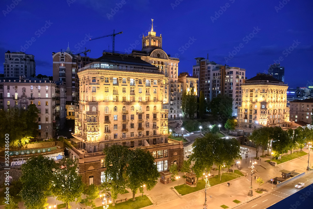 Evening view of illuminated Khreshchatyk, main street in Kyiv, Ukraine. May 2020