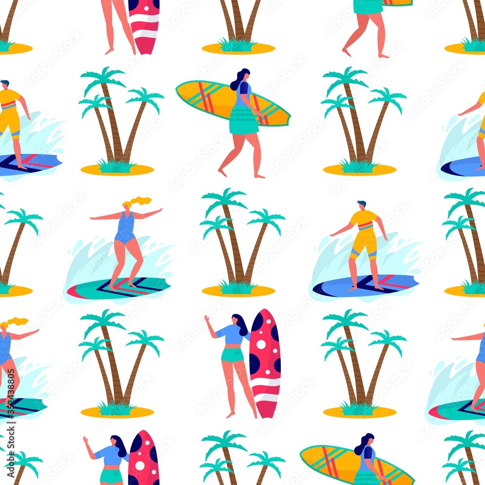 Seamless pattern with people surfing in beachwear with surfboards. Young women amd men enjoying vacation on the sea, ocean. summer sports and leisure outdoor activities. Flat vector Seamless pattern with people surfing in beachwear with surfboards. Young women amd men enjoying vacation on the sea, ocean. summer sports and leisure outdoor activities. Flat vector
