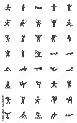 Sport exercises vector icons set, modern solid symbol collection, Yoga poses filled style pictogram pack. Signs, logo illustration. Set includes icons as rhythmic gymnastics, tennis, stretching, asana © alekseyvanin