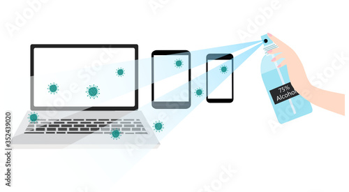 Hand applying 75% alcohol sanitizing spray on laptop, taplet and smartphone to stop COVID-19 coronavirus disease outbreak vector illustration. New normal hygiene cleaning concept background