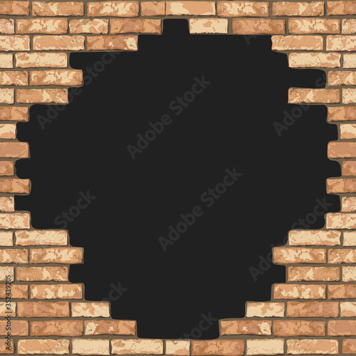 Vintage realistic broken brick wall background. Black hole in flat wall texture. Yellow textured brickwork for web, design, decor, background. Vector illustration