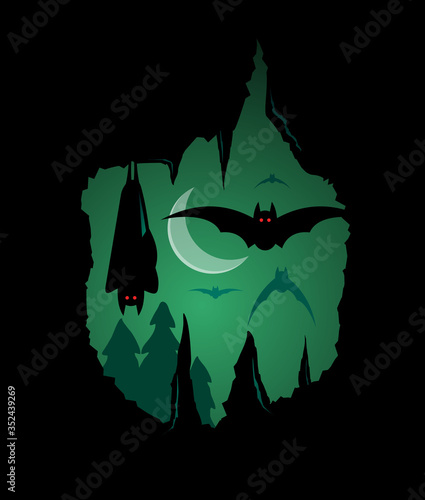 Bat fly in cave located scary forest illustration black background