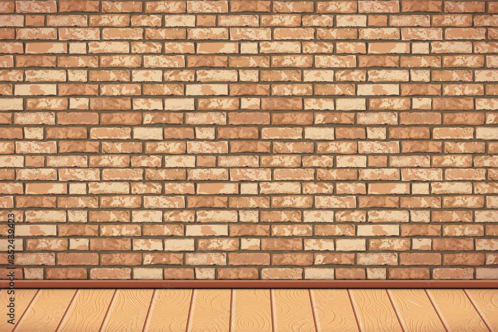 Flat Interior with brown grunge realistic brick wall and wooden parquet floor. Trendy architectural loft room background, fashion cafe interior. Vector Illustration for web, design, mockup