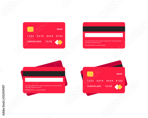 Credit card flat icons set. Side and top view red bank cards isolated on white background. Money on plastic. Online shopping vector illustration for web design , apps, infographics