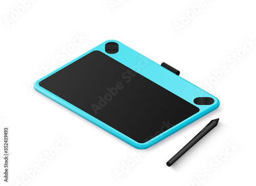 Realistic isometric blue graphic tablet isolated on white background. 3d Graphic designer instrument for digital drawing, web design, graphics, photo retouch. Vector illustration