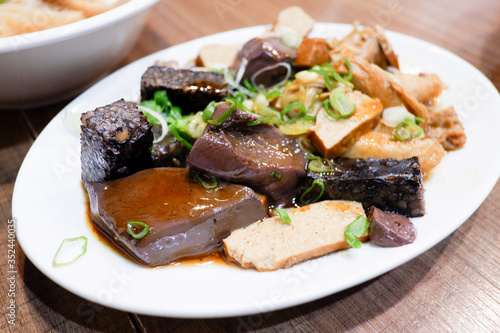 Steamed pig blood and black tofu. Taiwanese traditional food