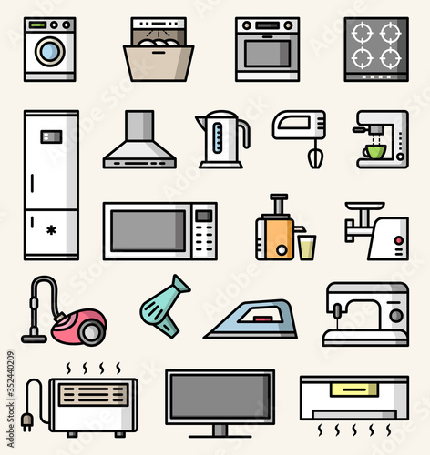 Home and kitchen appliances vector colorful icons set