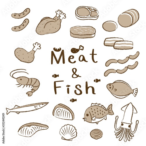 手描き風 お肉＆お魚 アイコンセット（セピアver）