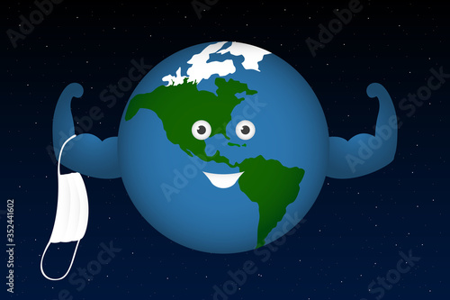 Planet Earth take off medical mask. Quarantine ending. Vector illustration.